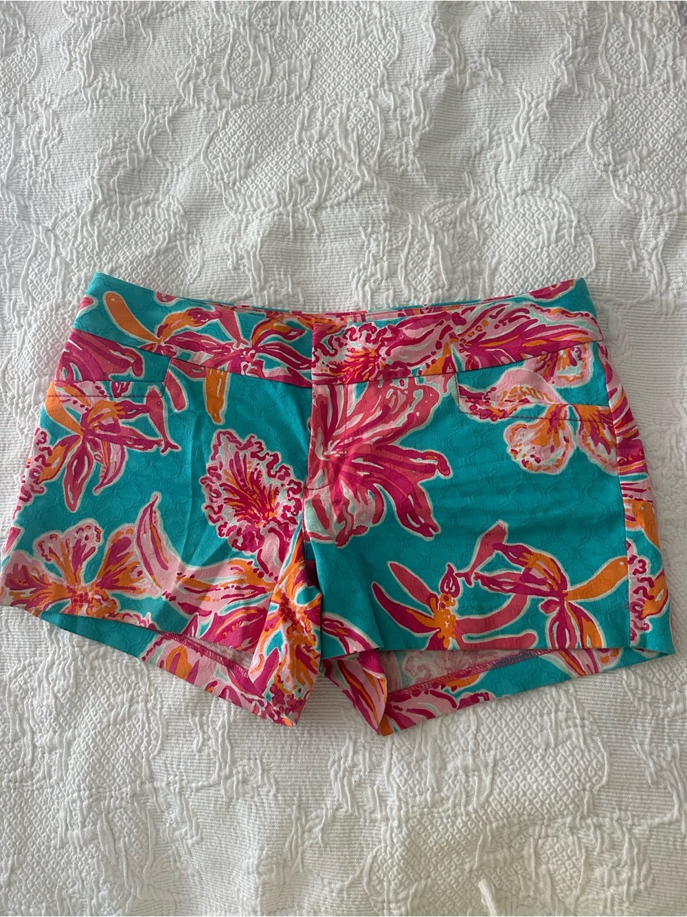 Lilly Pulitzer Turquoise Floral High-Waist Shorts with Pink & Orange Accents